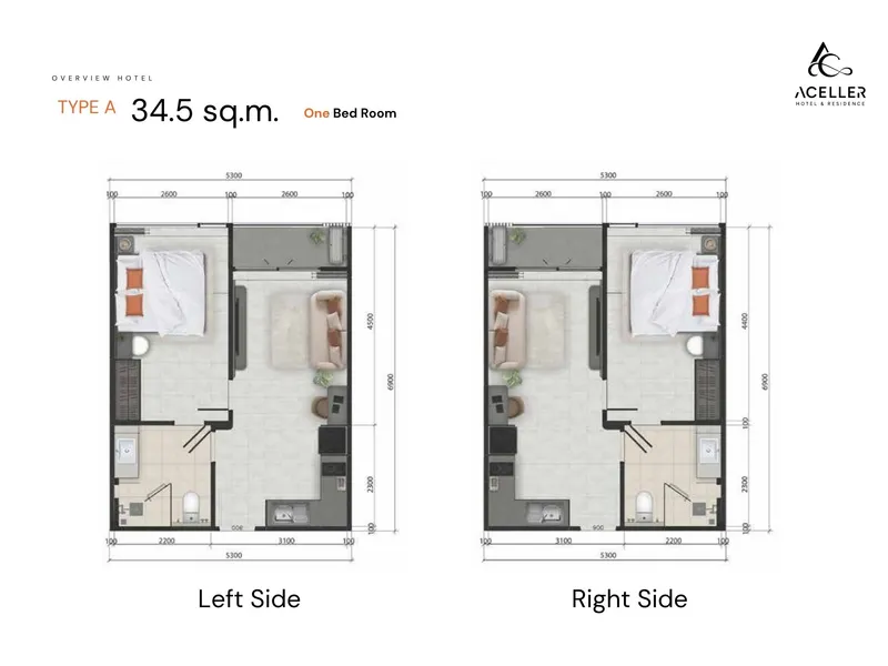 Studio 29 sqm in Aceller Hotel & Residence (Chalong) · Floor plan of a different unit type here — 34.5 m²