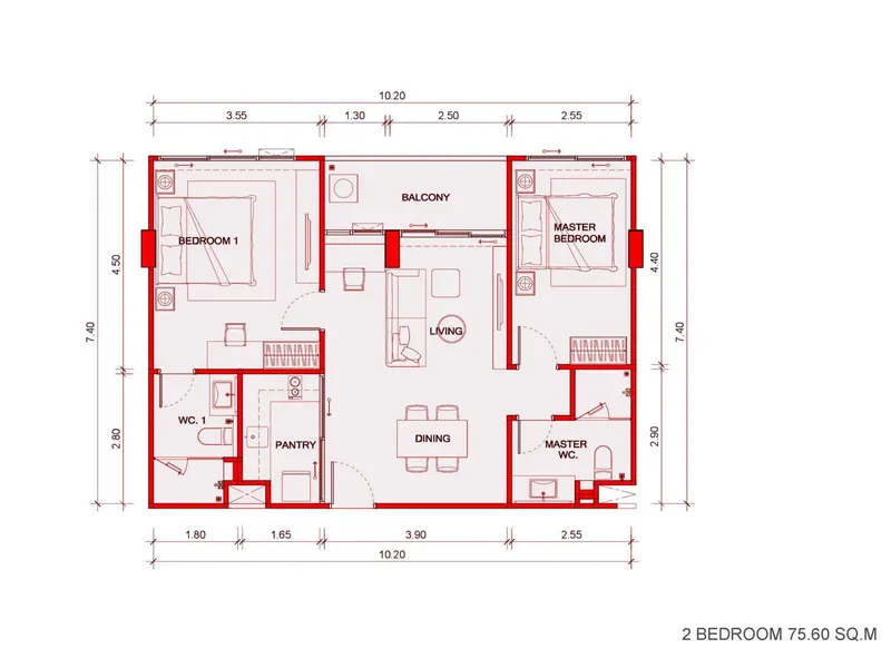 Studio 35 sqm in Bellevue Lagoon (Bang Tao) · Floor plan of a different unit type here — 75 m²