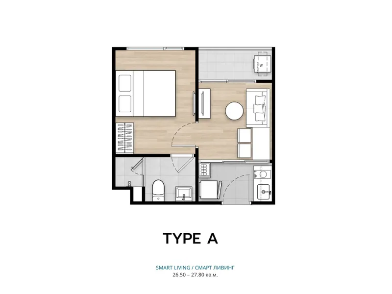 Apartment 1-bedroom 26.7 sqm in Origin PLACE Centre Phuket (Kathu) · Floor plan of this unit