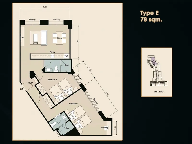Studio 30 sqm in Surin Sands Condominium (Surin) · Floor plan of a different unit type here — 78 m²