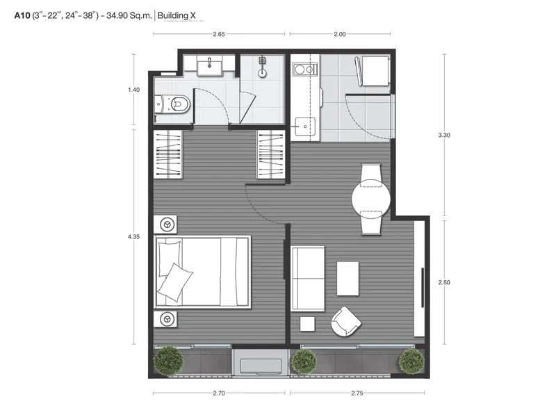 Apartment 1-bedroom 42 sqm in Noble Around Ari (Ari) · Floor plan of a different unit type here — 34.8 m²