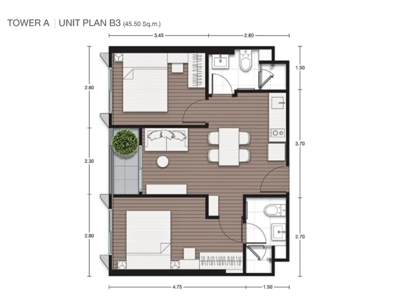 Apartment 2-bedroom 45.5 sqm in Nue Epic Asok-Rama9 (Asok–Rama 9) · Floor plan of this unit