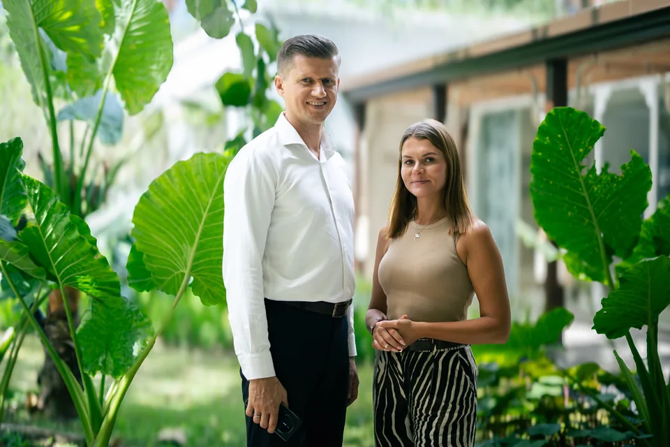 Viktor and Nina outside the agency office in Phuket